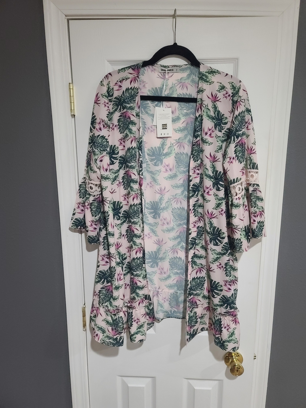 Grace Karin Pink Tropical Leaf Kimono Cardigan